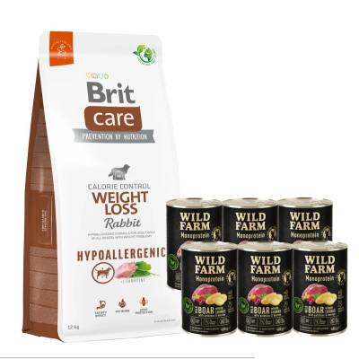 Brit CARE Хипоалергенна храна за кучета за отслабване с заешко месо 12кг + WILD FARM Monoprotein Wild Boar 6x400g хипоалергенна храна за кучета