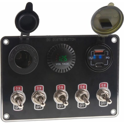 Panel s 5x spínači + 2x USB/Voltmetr a CL zásuvka, 12/24V