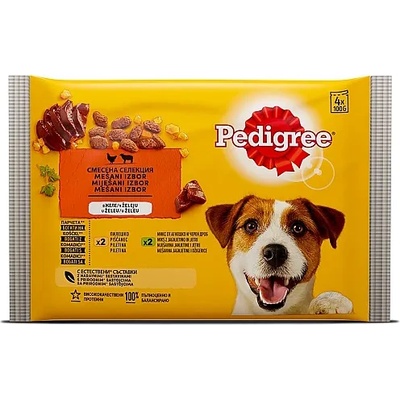 PEDIGREE Мокра храна за кучета в желе Pedigree пауч с птиче, говеждо и дроб, 4 х 100 г