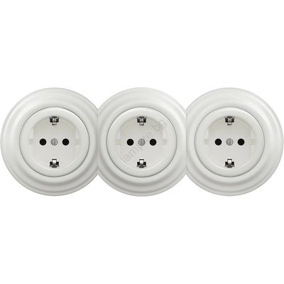 Reblig - Тройна ретро електрическа розетка за дома със SCHUKO рамка, 230 V, в бял керамичен корпус (RG0009B)