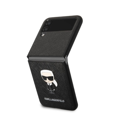 KARL LAGERFELD Saffiano Ikonik Leather Case - дизайнерски кожен кейс за Samsung Galaxy Z Flip 4 (черен)