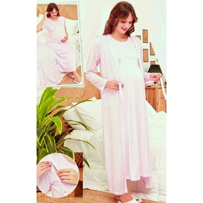 Kojící a těhotenská košilka a župan v kompletu v dlouhé délce s puntíky 1G0605 růžová