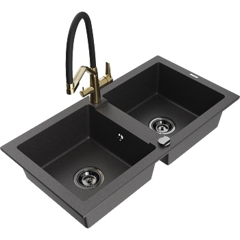 Mexen Mario гранитна мивка с 2 камери с кухненски смесител Duo, черен с пръски - 6504-76-671701-57-B (6504-76-671701-57-B)