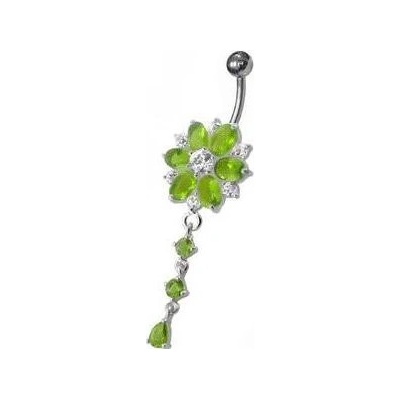 Šperky4U stříbrný piercing do pupíku kytička světle zelené zirkony BP01120-G