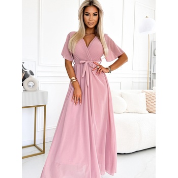 Numoco Дълга рокля с плисирано деколте и връзка - пудрово розово Numoco numoco | Rozov | ЖЕНИ | ONE SIZE