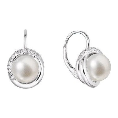 Evolution Group strieborné náušnice visiace s bielou riečnou perlou a zirkónmi okrúhle 21075.1
