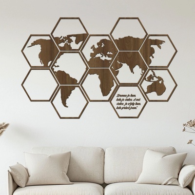 dřevo života Dřevěná mapa světa Hexagon Zvolte barvu dekoru: Ořech, Rozměry (cm): 147x95