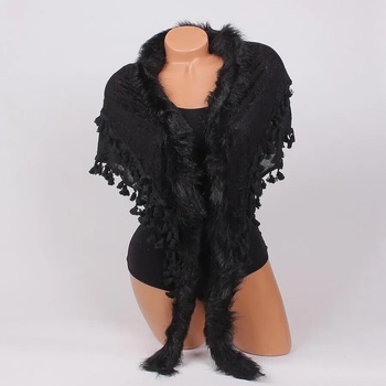 Image 1 of Елегантен шал в черно с дантела, пухче и пискюли