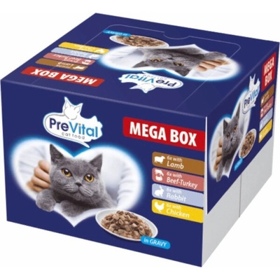 PREVITAL Cat Food Megabox s jehněčím, hovězím, králíkem a kuřetem v omáčce Box 24 x 100 g