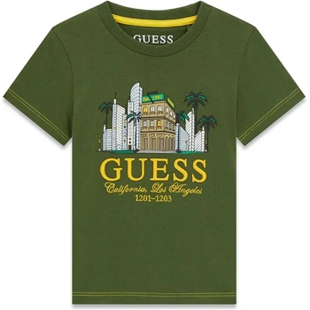 GUESS Зелена тениска за мини момче с щампа и жълт надпис Guess