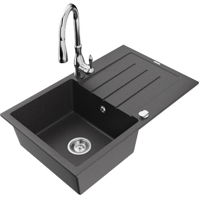 Mexen Bruno гранитна мивка с 1 отделение с отцедник и кухненски смесител Savita, черен на пръски - 6513-76-672601-00 (6513-76-672601-00)