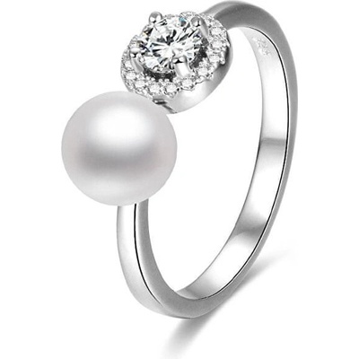 Beneto Otvorený strieborný prsteň so zirkónmi a perlou AGG339
