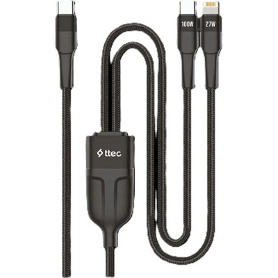 Data кабел ttec AlumiCable Duo USB-C - USB-C+Lightning 100W Fast Charge Cable, 150cm - Черен