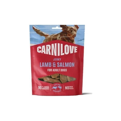 CARNILOVE Dog Jerky Lamb with Salmon maškrty s jahňacím mäsom a lososom pre dospelých psov 100 g