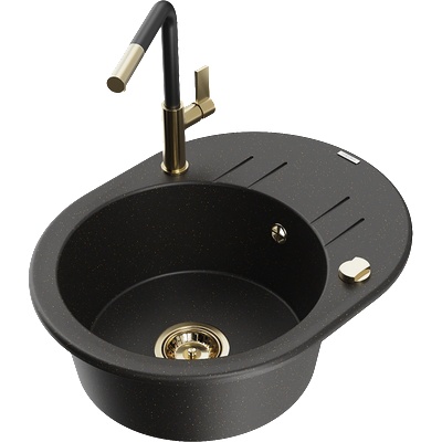 Mexen Kevin гранитна мивка с 1 корито с отцедник и кухненски смесител Flora, черен/златист металик - 6517-75-670401-57-G (6517-75-670401-57-G)