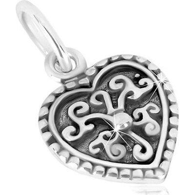 Šperky eshop Přívěsek ze stříbra 925 souměrné srdíčko ornamentální květ s kuličkou patina S35.12