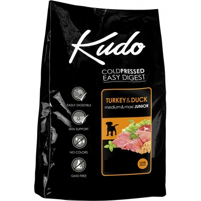 Kudo Low Grain Turkey/Duck Medium&Maxi Junior - Балансирана суха храна за подрастващи кучета от средни и едри породи с пуешко и патешко месо, 3 кг