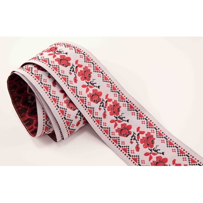 Krojová stuha - bílá s červenými růžičkami a zoubkovým okrajem - šíře 5 cm – Zbozi.Blesk.cz