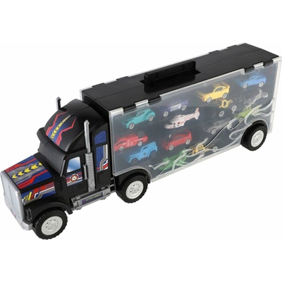 Teddies Auto kamion přepravník + dopravní prostředky plast 50cm na volný chod v krabici 51x18x10cm