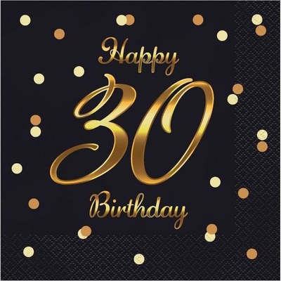 B&C Happy 30 Birthday obrúsky čierna zlatá potlač certifikát FSC33x33cm 20 ks
