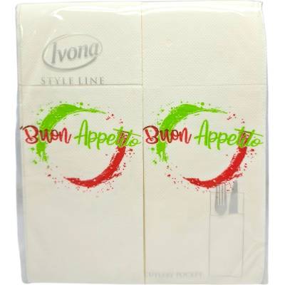 IVONA, салфетки с джоб за прибори Style Line, кремави с дизайн Buon Appetito, 40 бр