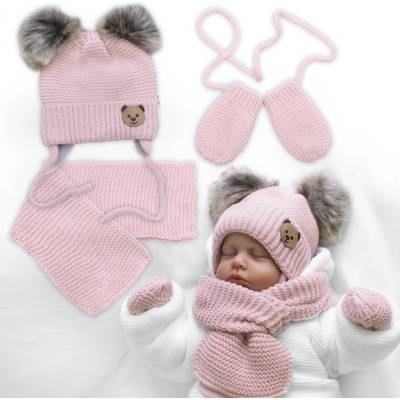 Baby Nellys Detská sada zimná čiapka so šálom rukavičky 3D Teddy Bear pudrovo ružová