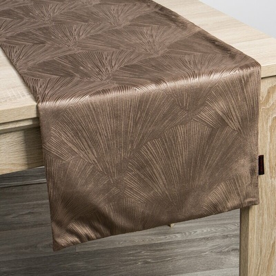 Takoy Běhoun na stůl hnědý 40x140 cm sametový GOJA s lesklým potiskem ve formě listů ginkgo PIERRE CARDIN-HF-383864 | 40 x 140 cm