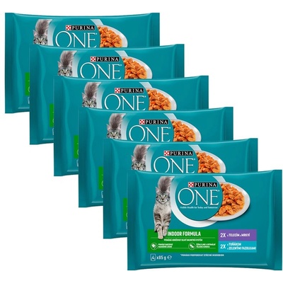 PURINA ONE INDOOR с риба тон и зелени фасул в сос, с телешко и морков в сос, 24 x 85 г