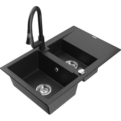Mexen Gaspar гранитна мивка 1, 5-коморна с отцедник и кухненски смесител Elia, черен/сребърен металик - 6507-73-670101-70 (6507-73-670101-70)