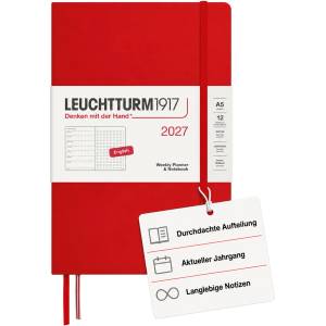 Leuchtturm1917 weekly calendar 2027 dotted medium (A5) with notebook, dotted - appointment planner English, cherry, hardcover, 145 x 210 mm, January-December 2027, weekly overview on the left + note page on the righ