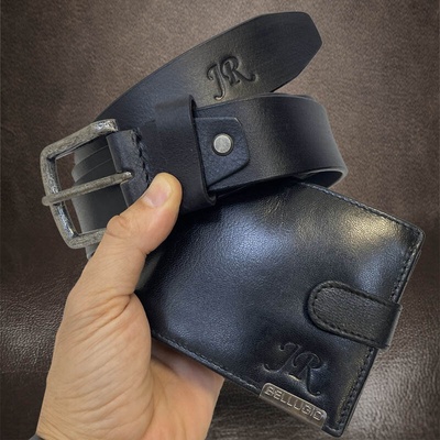 Pánský kožený dárkový set BELLUGIO černá peněženka a pásek s monogramem
