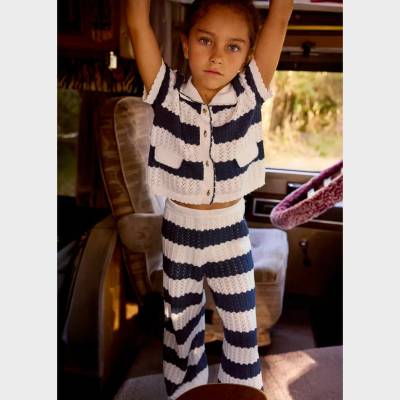 Mayoral Комплект райе дълъг панталон и жилетка с копчета трико в тъмно синьо и бяло за мини момиче Mayoral