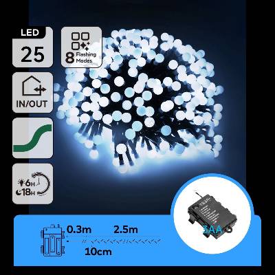 Aigostar - LED външна коледна гирлянда 25xLED/8 функции 3xAA 2, 8m IP44 студено бяла (AI2418)