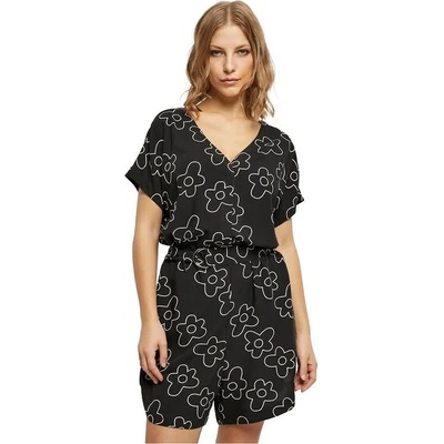 Urban classics Viscose Belt short sleeve romper - Black (Black Flower)