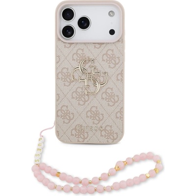 GUESS Дизайнерски кожен кейс с връзка за ръка за iPhone 17 Pro Max - Guess PU 4G Metal Logo Strap Case (розов) (GUHCP17XP4GMGSP)