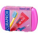 Curaprox Travel Set zubná kefka + CPS medzizubné kefky 2 ks + zubná pasta 10 ml darčeková sada, ružový