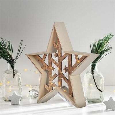 Solight LED vianočná hviezda prírodné drevo 2 x AA teplá biela