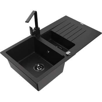 Mexen Matias гранитна мивка 1, 5-коморна с отцедник и кухненски смесител Рита, черен - 6502-77-670300-70-B (6502-77-670300-70-B)