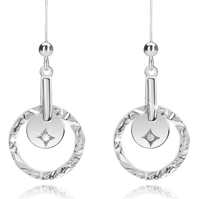 Šperky eshop visací stříbrné náušnice čirý briliant kulatá známka strukturovaný kruh G11.10