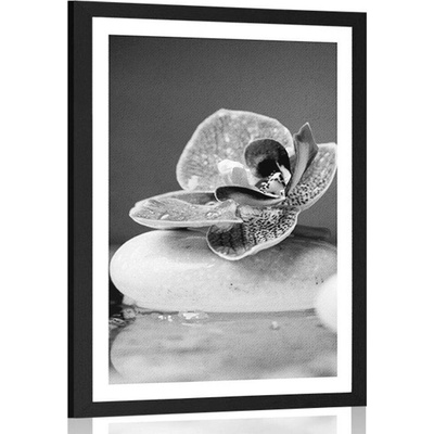Plakát s paspartou orchidej a Zen kameny v černobílém provedení - 40x60 white