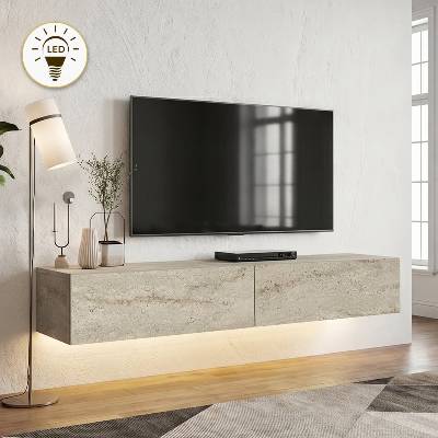 TopMebel Меламинов стенен ТВ шкаф Aristo Megapap с LED осветление, цвят травертин, размери 135x31, 6x25 см
