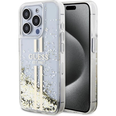 GUESS Liquid Glitter Gold Stripe Case - дизайнерски кейс с висока защита за iPhone 15 Pro Max (прозрачен)