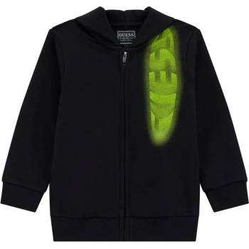 GUESS Спортен черен суичър с качулка и цип за мини момче с електрикав надпис Guess