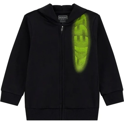GUESS Спортен черен суичър с качулка и цип за мини момче с електрикав надпис Guess