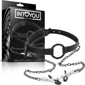 INTOYOU - топка за уста с щипки за зърната - черна