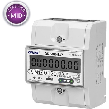 ORNO Трифазен електромер за ДИРЕКТНО мерене на ел. енергия, Modbus, до 4 тарифи, за DIN монтаж 4.5 мод, 80A, MID - OR-WE-517 (OR-WE-517)