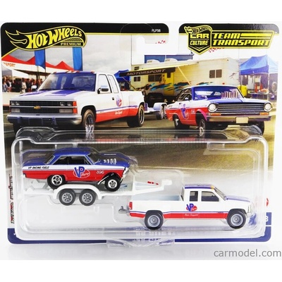 Mattel hot wheels Chevrolet Silverado 3500 Pick-up With Trailer Car Transporter + Chevrolet Nova 1963 Bílá Červená Modrá 1:64