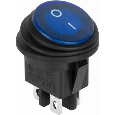Prepínač kolískový okrúhly 230V 4-pin. IP65 modrý