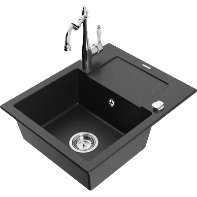 Mexen Enzo гранитна мивка с 1 корито с отцедник и кухненски смесител Carla, черен/сребрист металик - 6506-73-670700-00 (6506-73-670700-00)