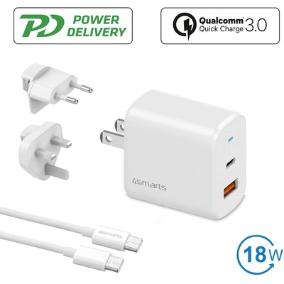 4smarts Travel Charger Set VoltPlug QC/PD 18W With USB-C Data Cable - захранване за ел. мрежа с USB-A и USB-C изходи, USB-C към USB-C кабел и адаптори за USA и UK стандарт (18W) (бял)